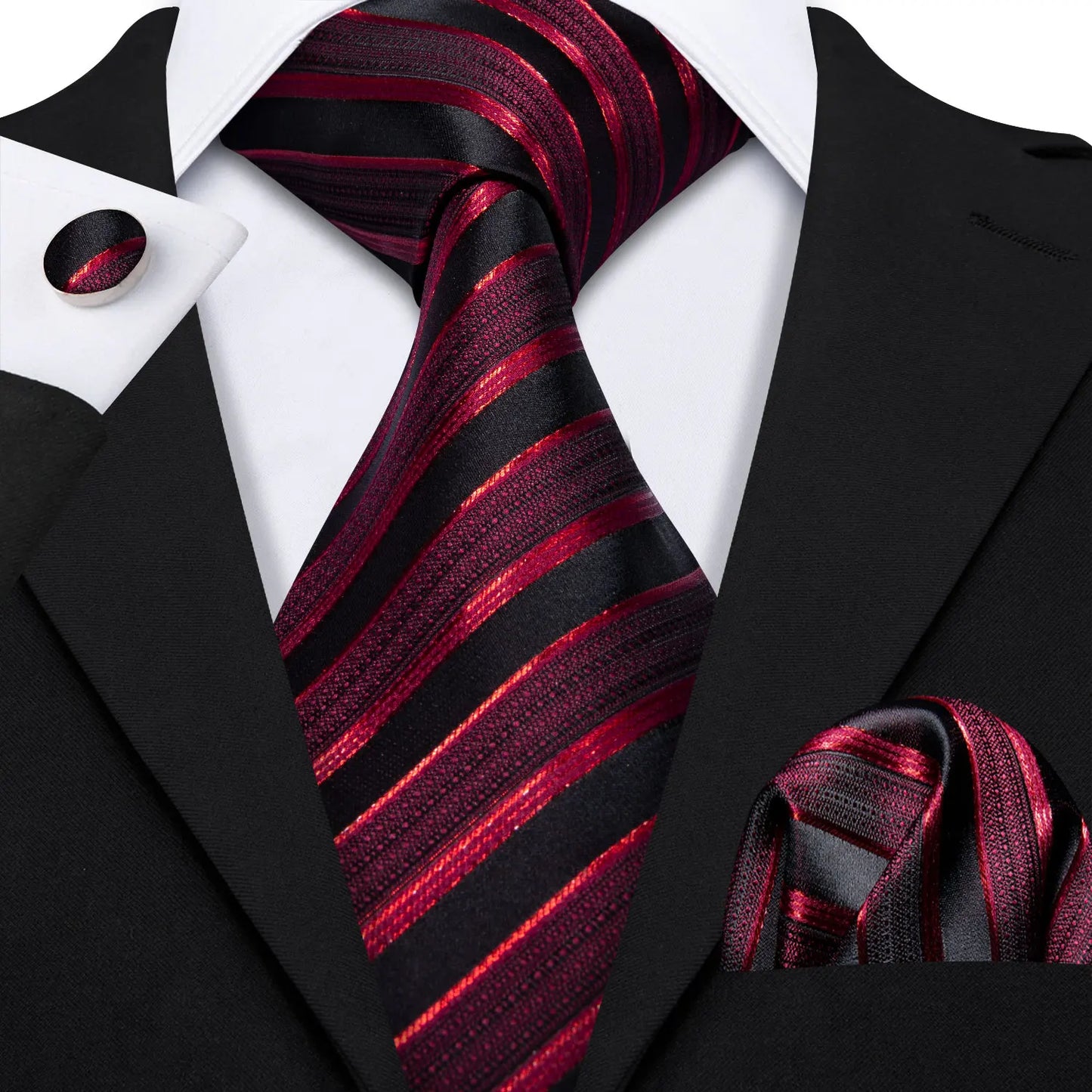 Barry Wang Jacquard Striped Silk Men's Tie Pocket Square Cufflinks Set