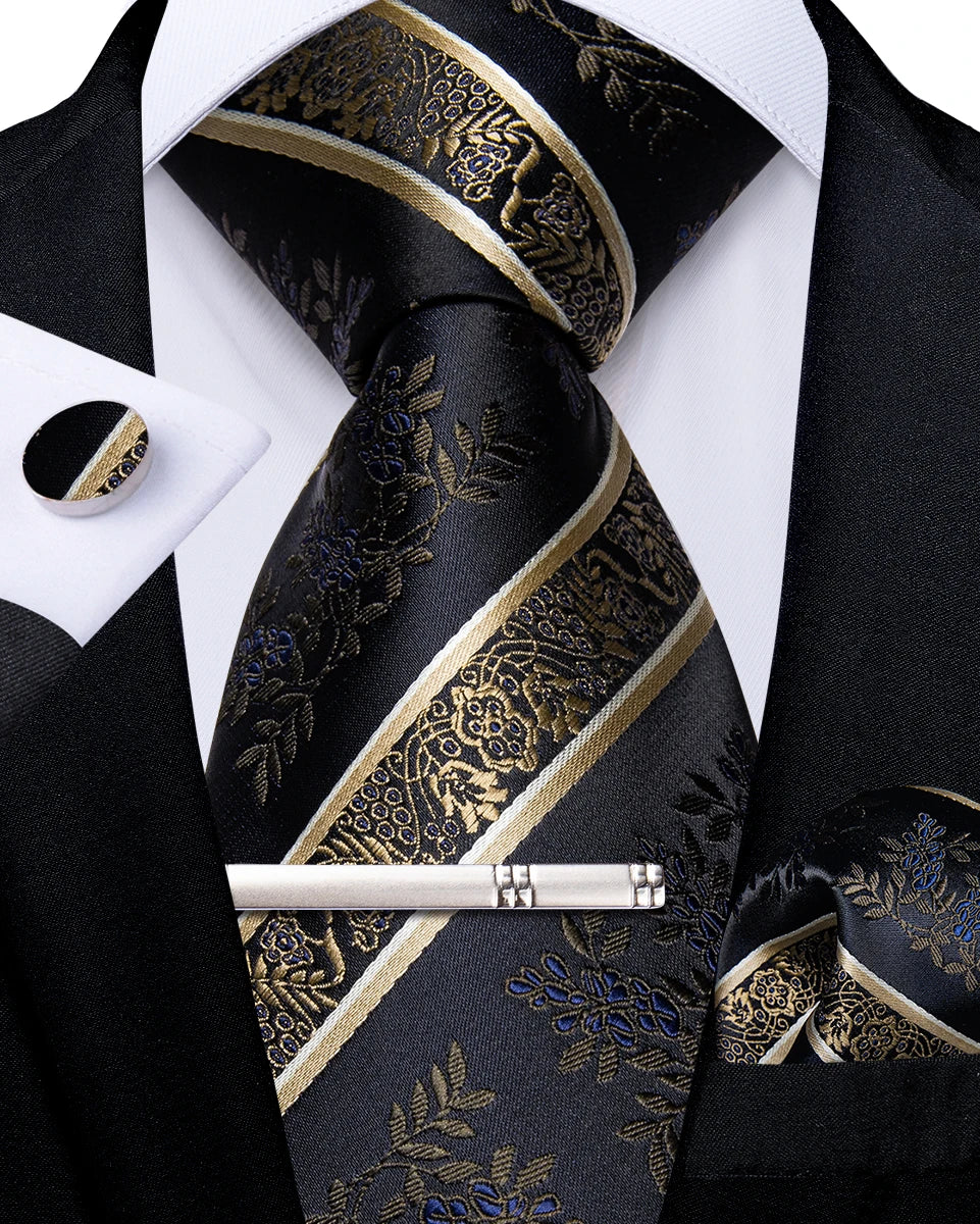 Men's Tie Set with Clip 8cm Necktie Handkerchief Cufflinks