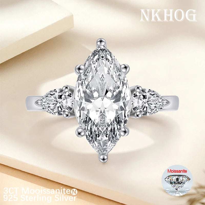 NKHOG 3 Carat Marquise Cut Moissanite Ring