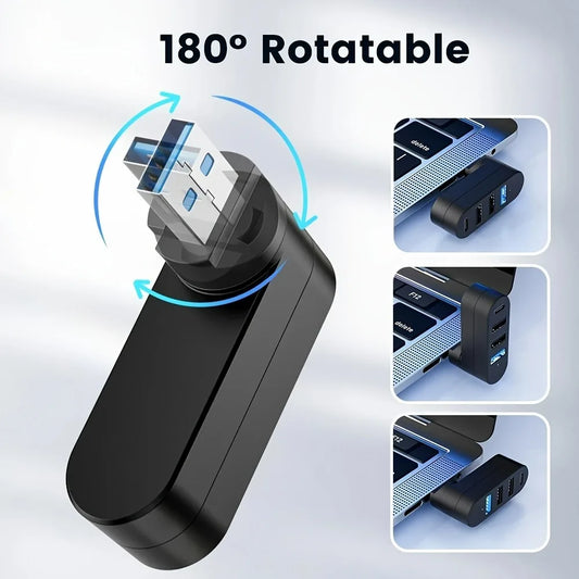 Compact 180° Rotating USB 3.0 Splitter for Laptops & PCs