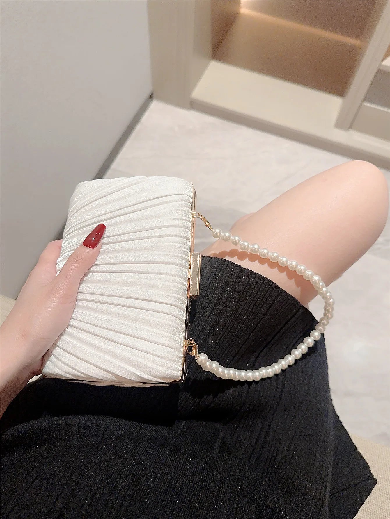 Pleated Design Satin Evening Clutch Bag