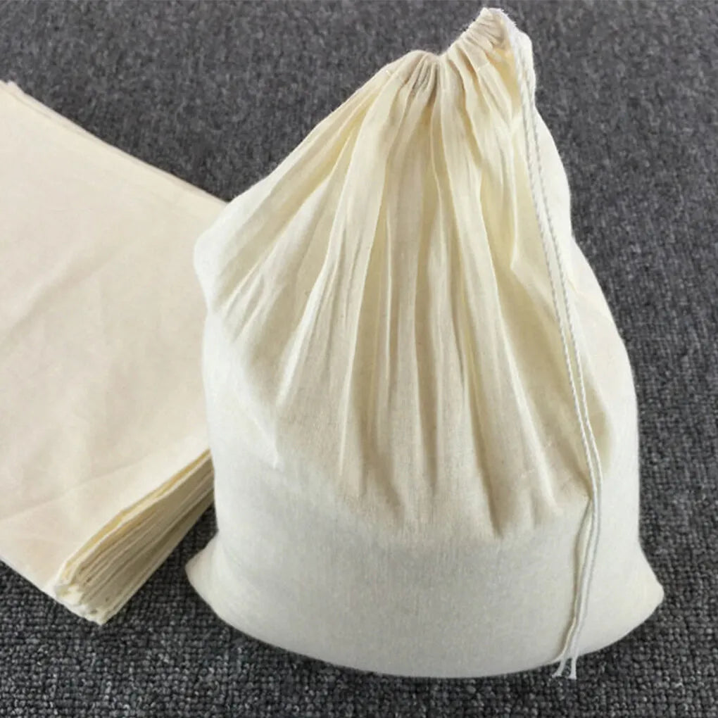 Reusable Drawstring Cotton Filter Bags for Nut Milk, Yogurt, Tea & Coffee