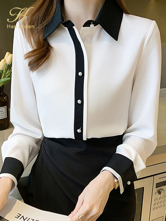 H Han Queen Single Row Pearl Buckle Office Blouse