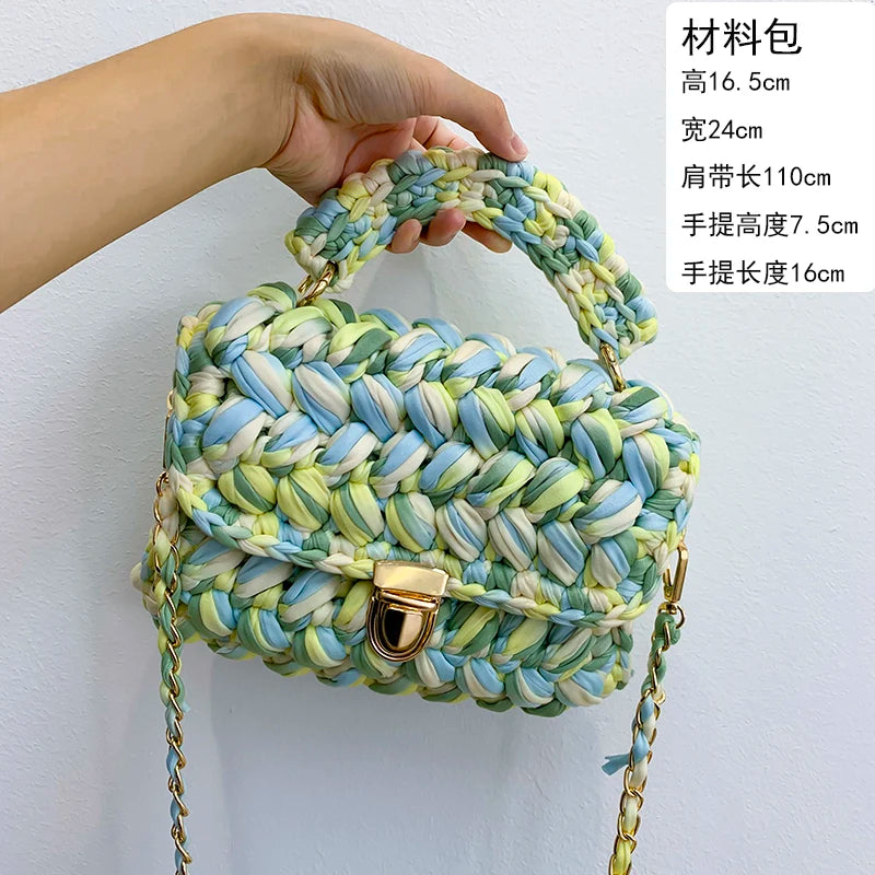Woven Cotton Chain Crossbody Handbag