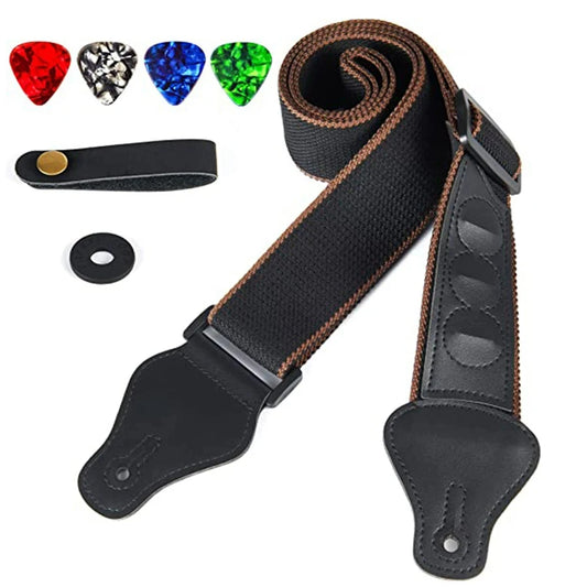 7Pcs/Set Guitar Strap Black PU Leather + Cotton
