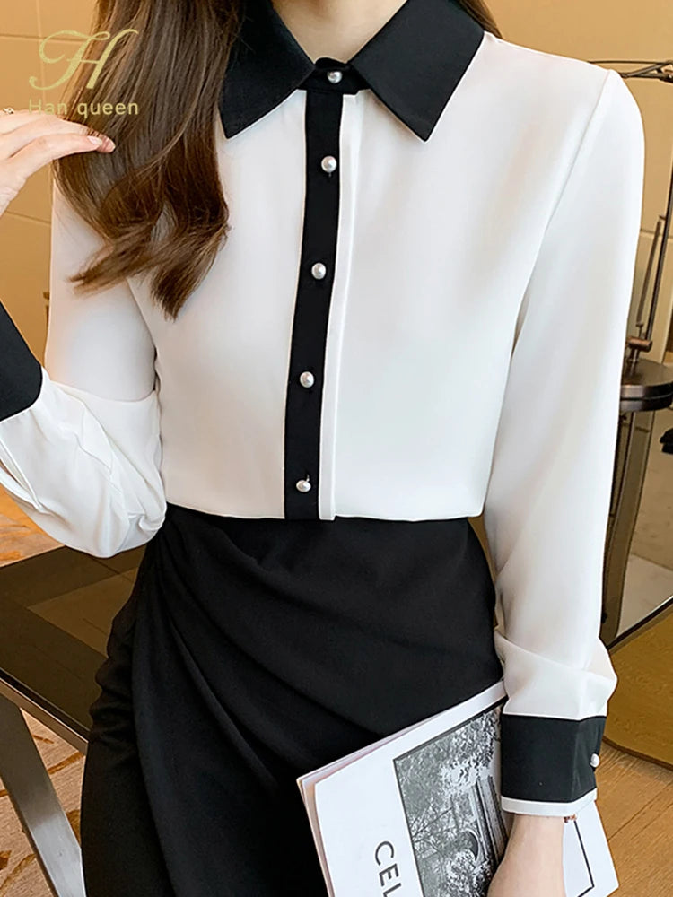H Han Queen Single Row Pearl Buckle Office Blouse