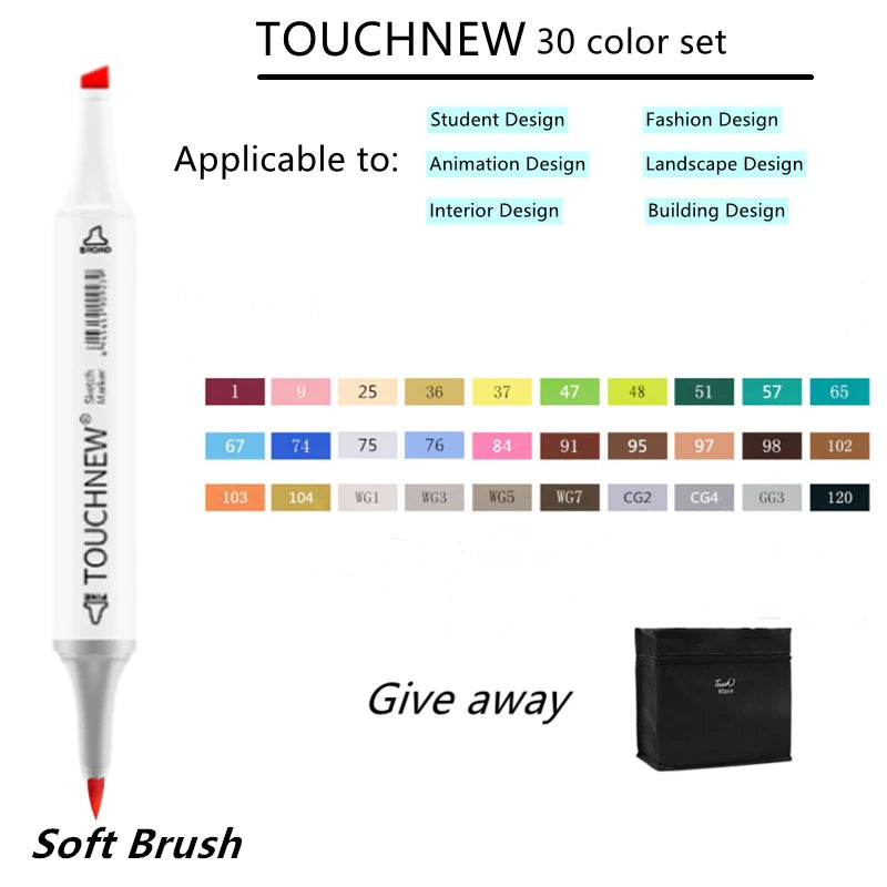 TOUCHNEW Marker 12/30/60/80/168 Colors Soft Brush Markers Pen
