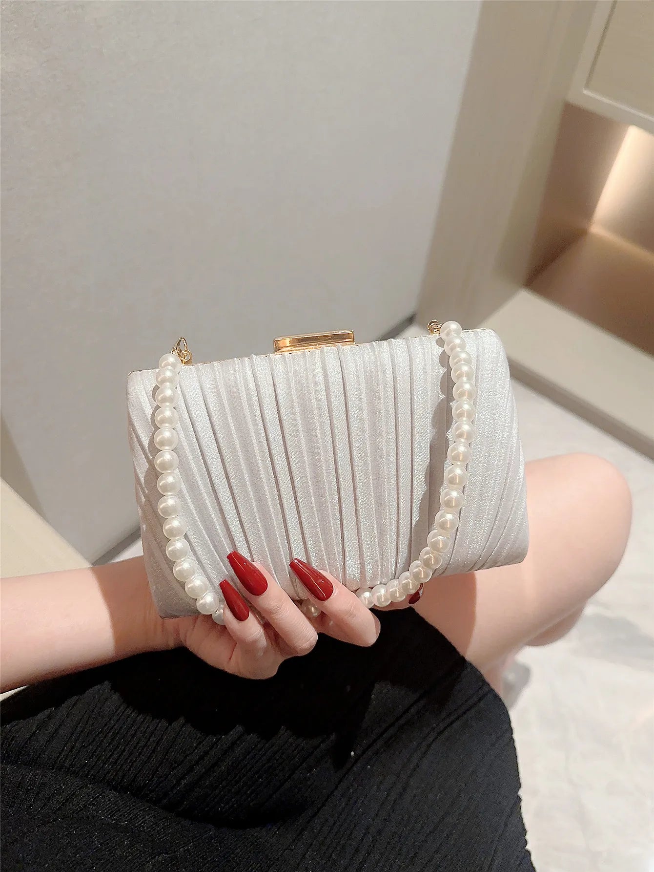 Pleated Design Satin Evening Clutch Bag