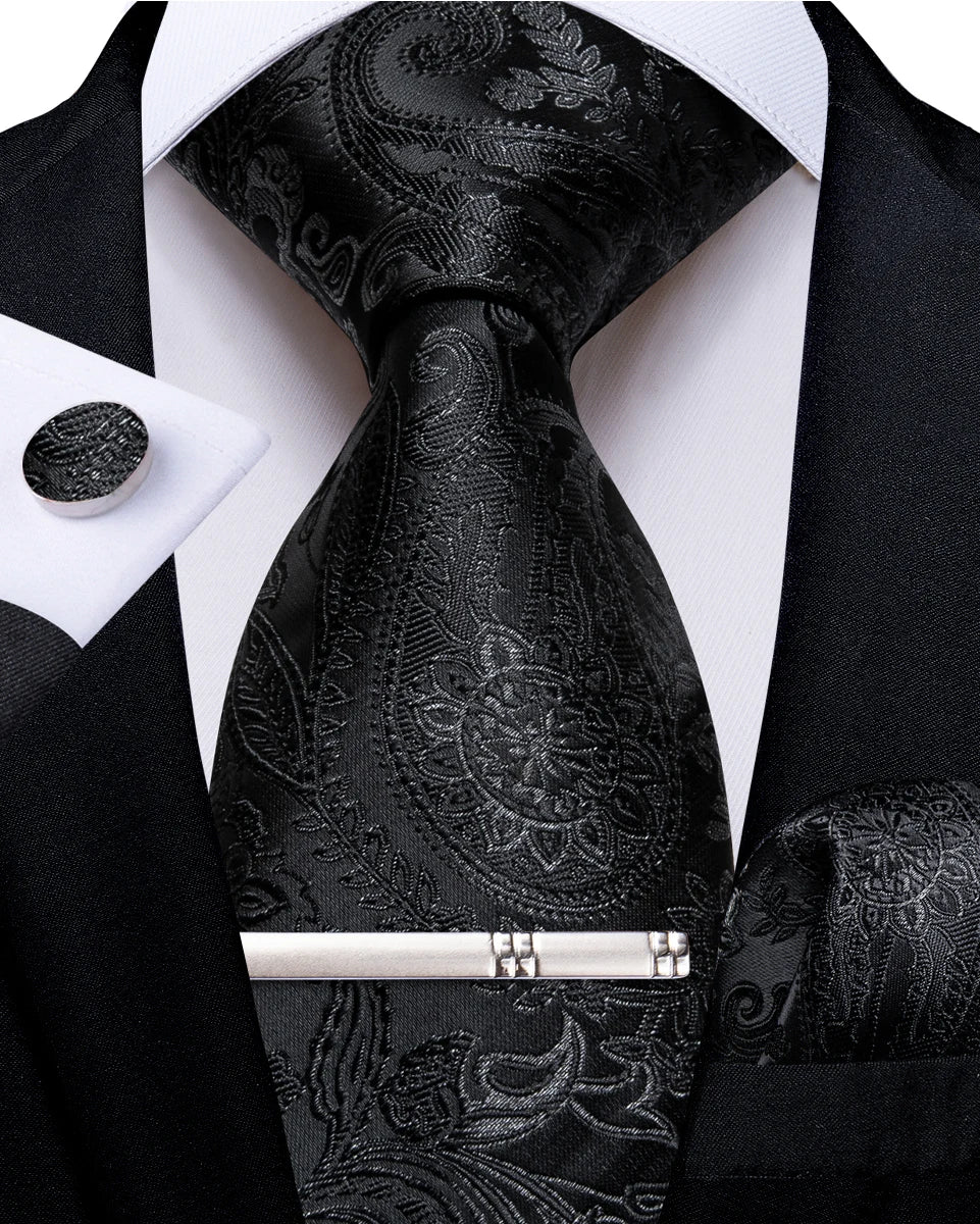 Men's Tie Set with Clip 8cm Necktie Handkerchief Cufflinks