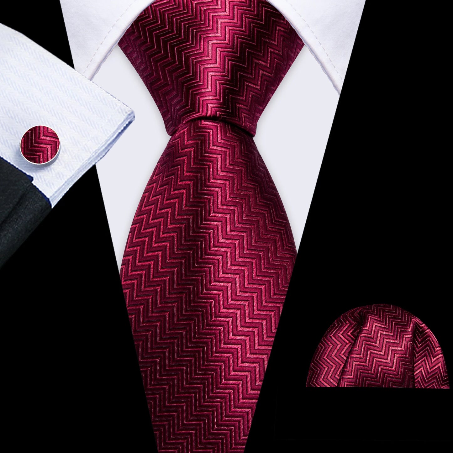 Barry Wang Jacquard Striped Silk Men's Tie Pocket Square Cufflinks Set