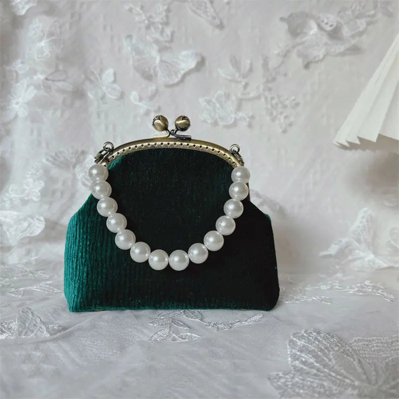 Vintage Green Velvet Pearl Clutch Bag