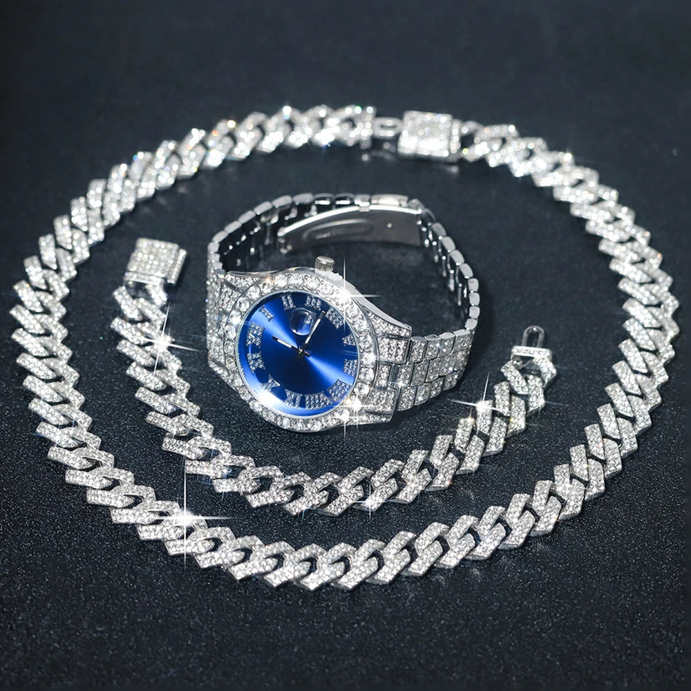 Men's Silver Hip-Hop Watch & Jewelry Set