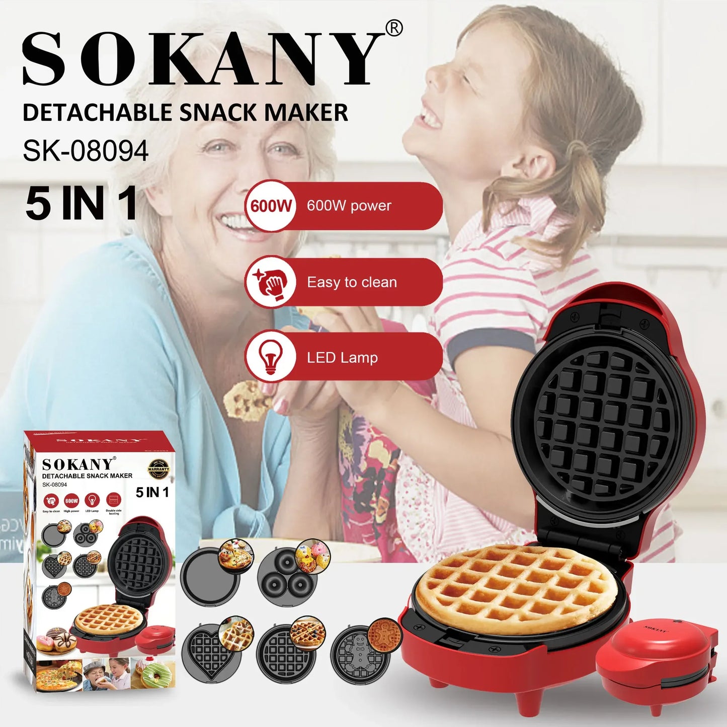 Houselin Mini Waffles Maker with 5 Removable Plates