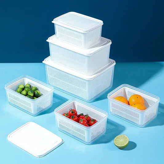 Refrigerator Storage Container with Drain Basket & Lid