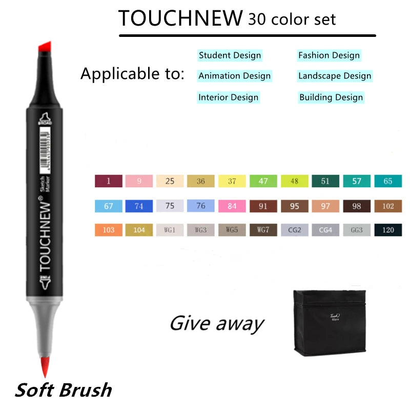 TOUCHNEW Marker 12/30/60/80/168 Colors Soft Brush Markers Pen