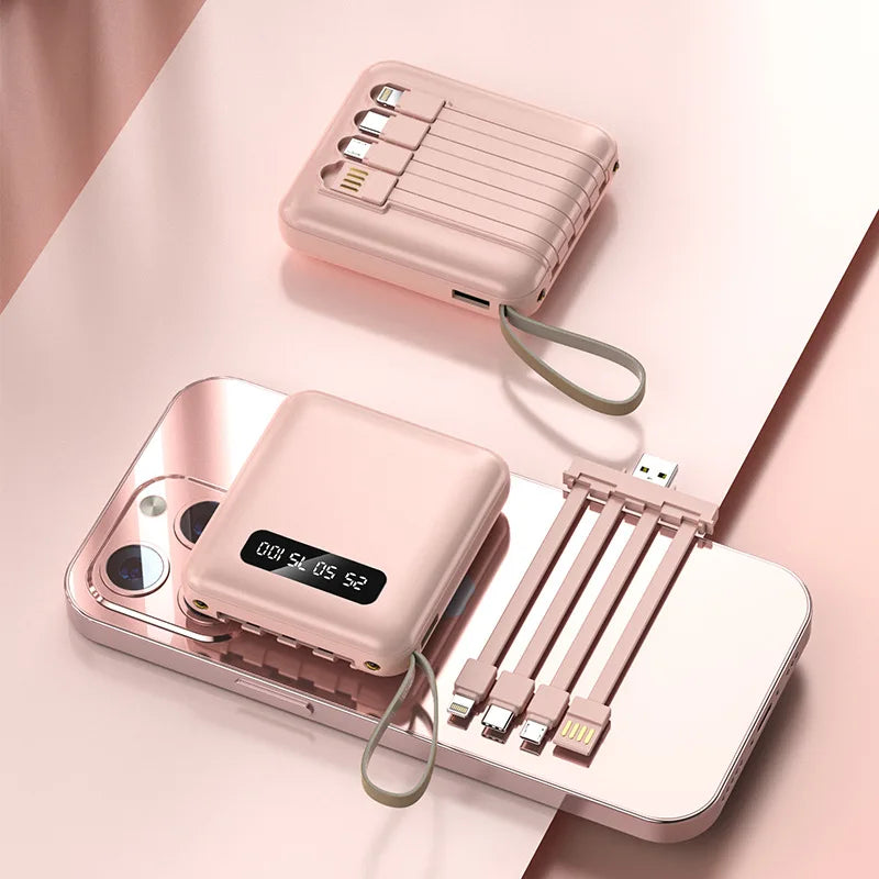 Portable 20,000mAh Power Bank with Built-In Charging Cables