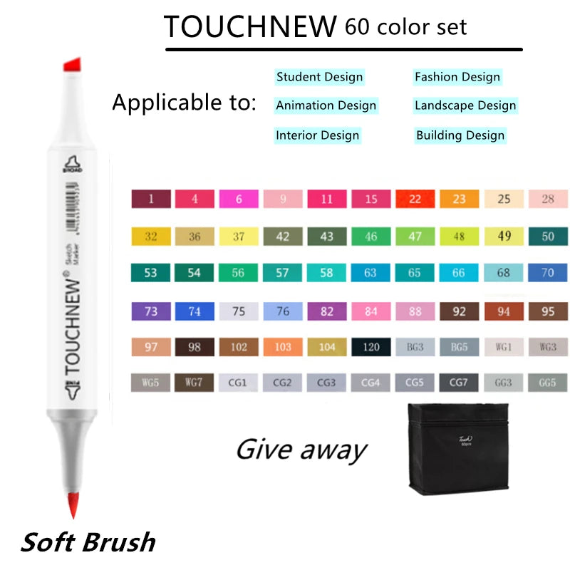 TOUCHNEW Marker 12/30/60/80/168 Colors Soft Brush Markers Pen