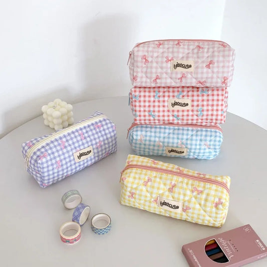 Fresh Plaid Bow Print Pencil Case