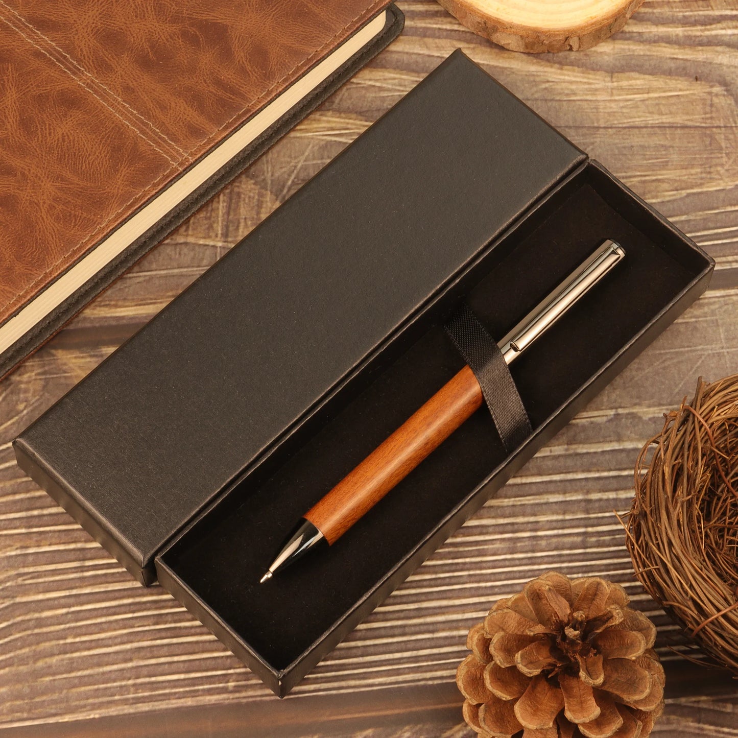 1/2 PCs with Box - Brown/Ebony Wood Grain Pen -