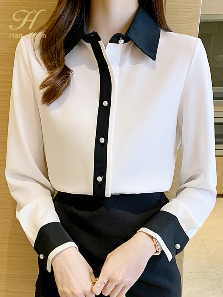H Han Queen Single Row Pearl Buckle Office Blouse