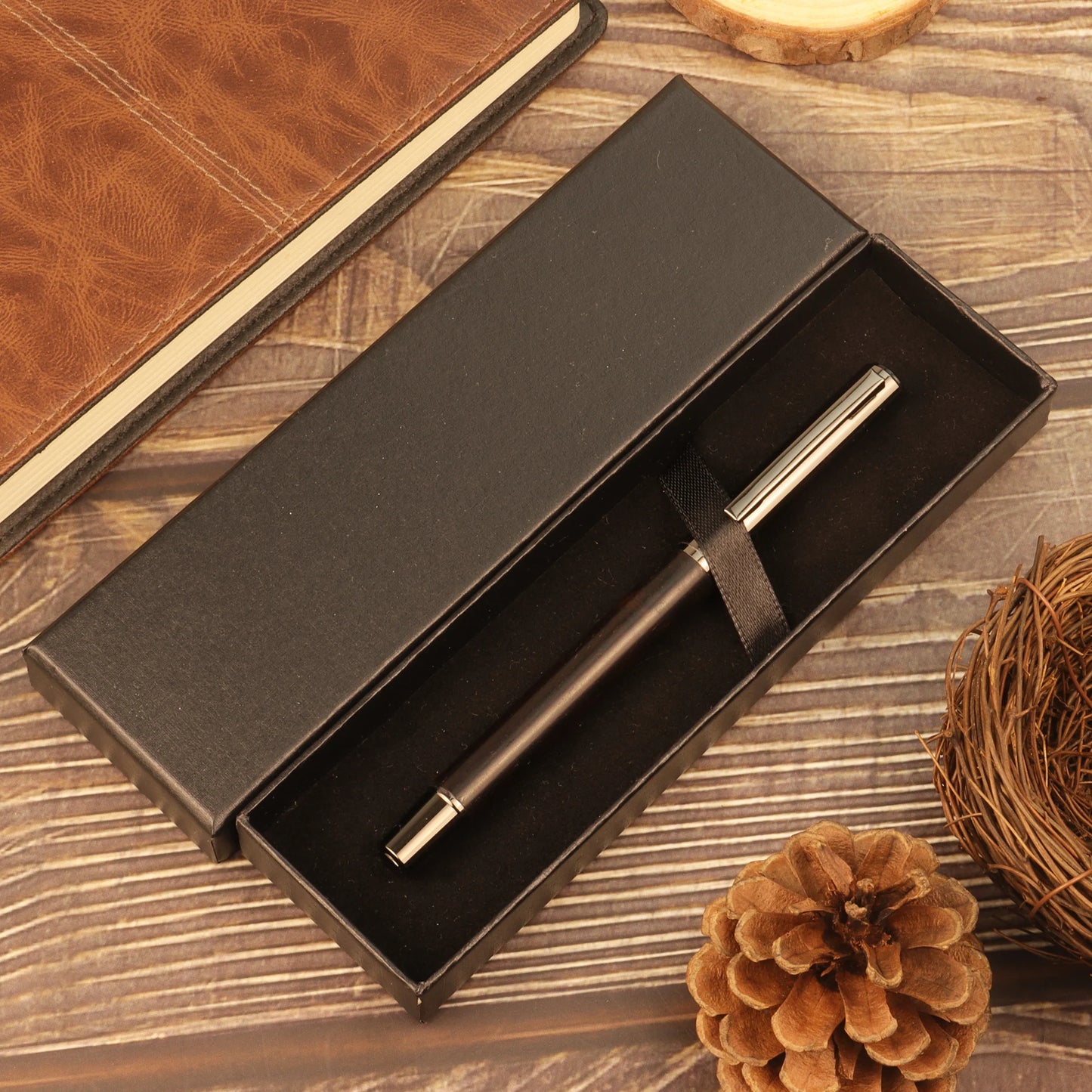 1/2 PCs with Box - Brown/Ebony Wood Grain Pen -