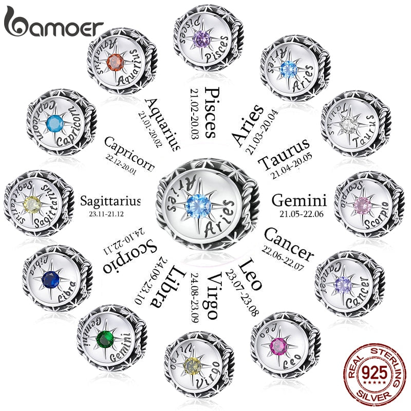 BAMOER Zodiac Star Sign 925 Sterling Silver Charm Beads