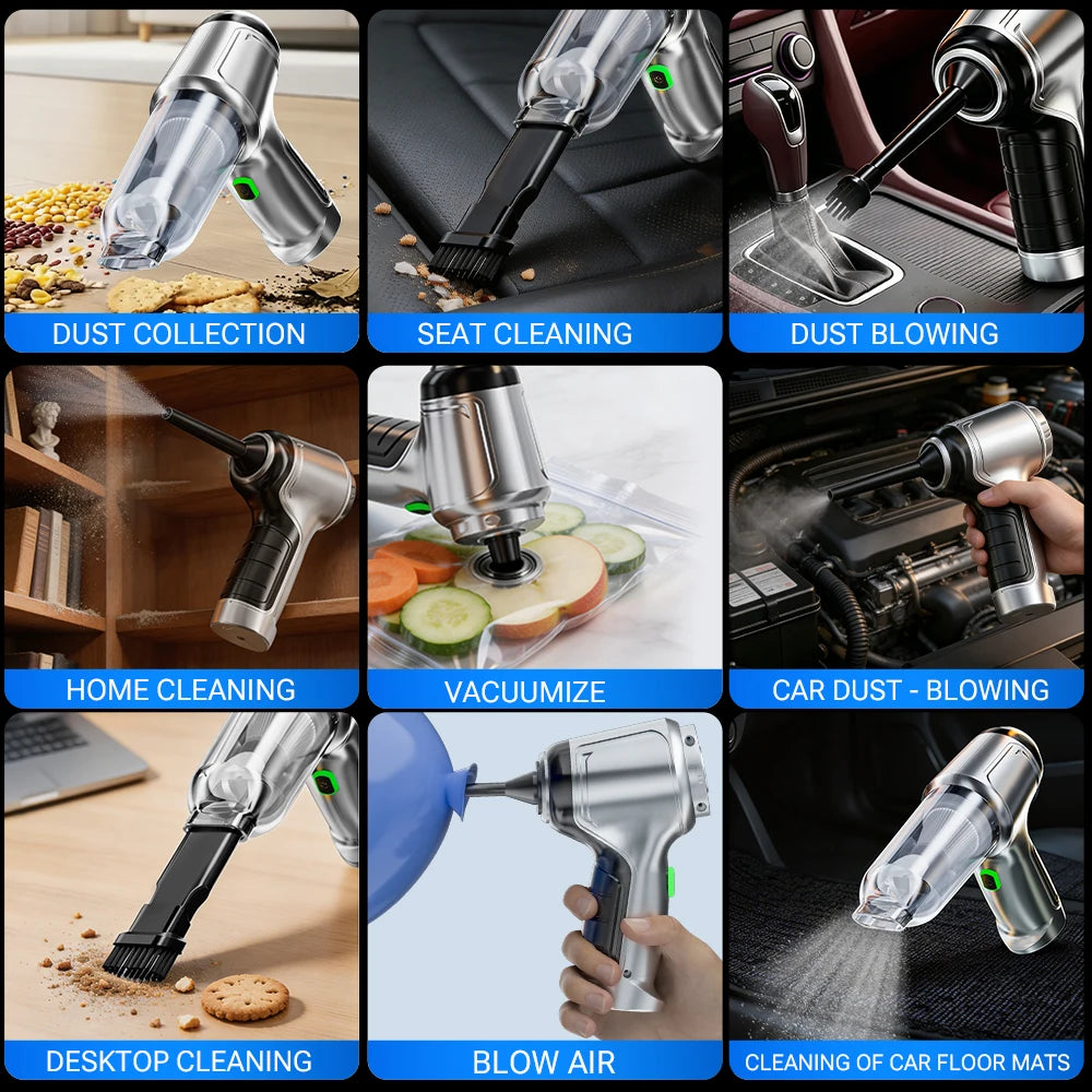 Wireless 3-in-1 Portable Car Vacuum with HEPA Filter & USB-C Charging