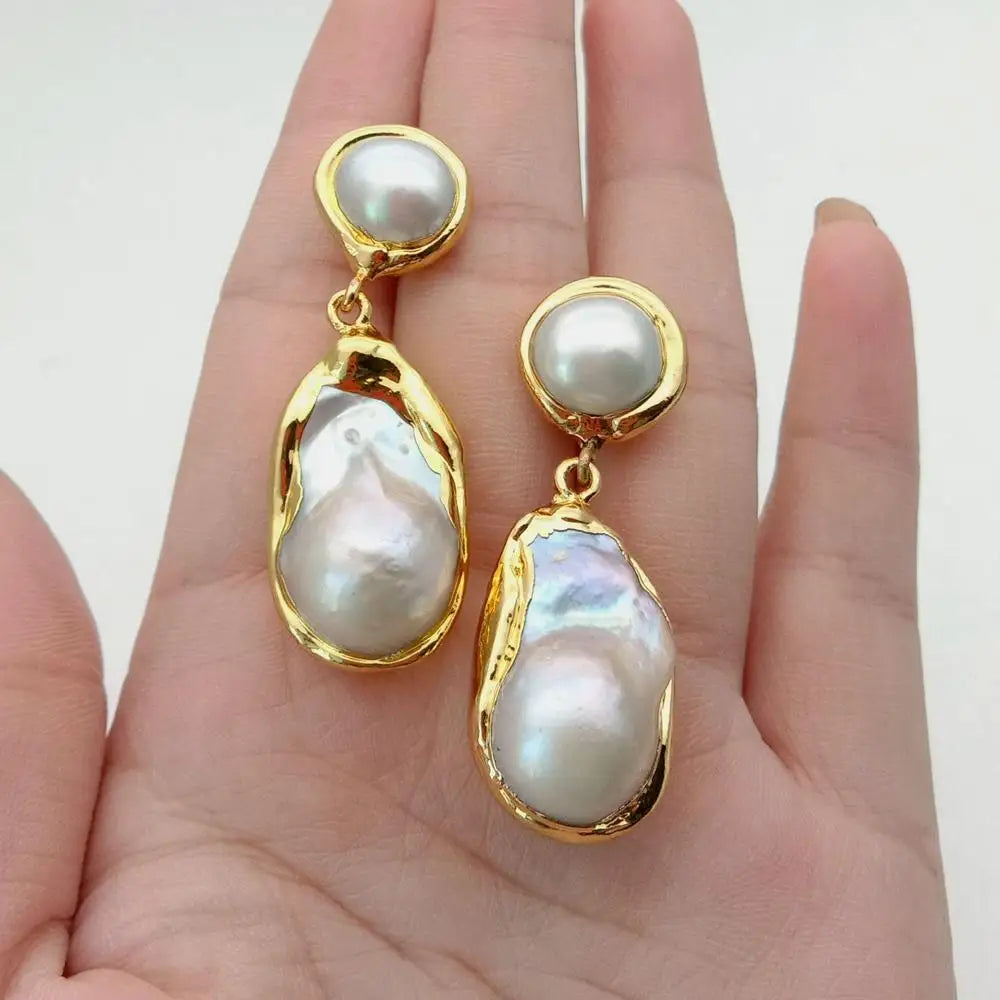 White Baroque Pearl Gold Stud Earrings