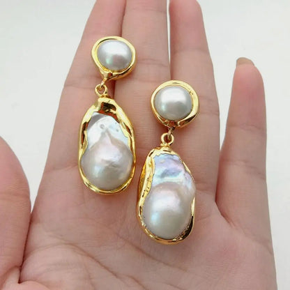 White Baroque Pearl Gold Stud Earrings