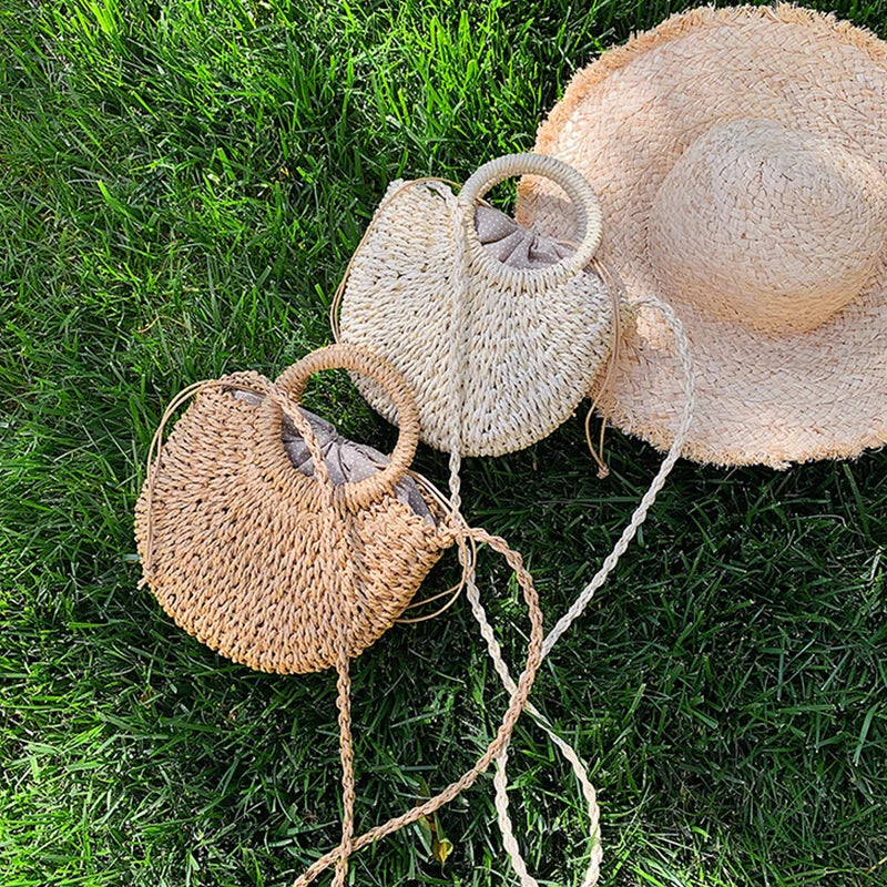 Half-Round Woven Straw Beach Tote Bag