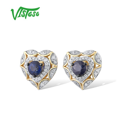14K Gold Blue Sapphire Diamond Heart Stud Earrings