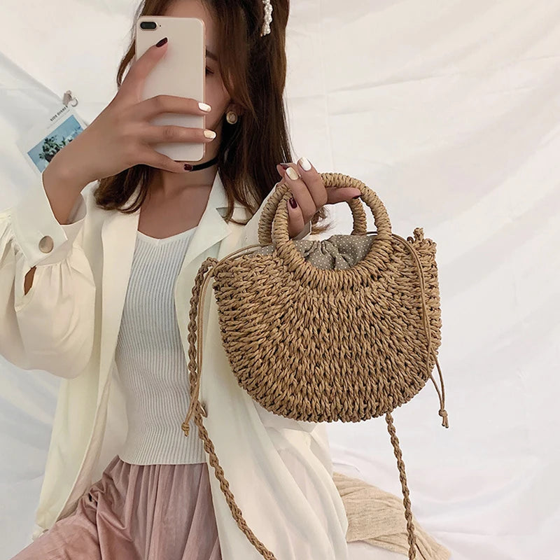 Half-Round Woven Straw Beach Tote Bag