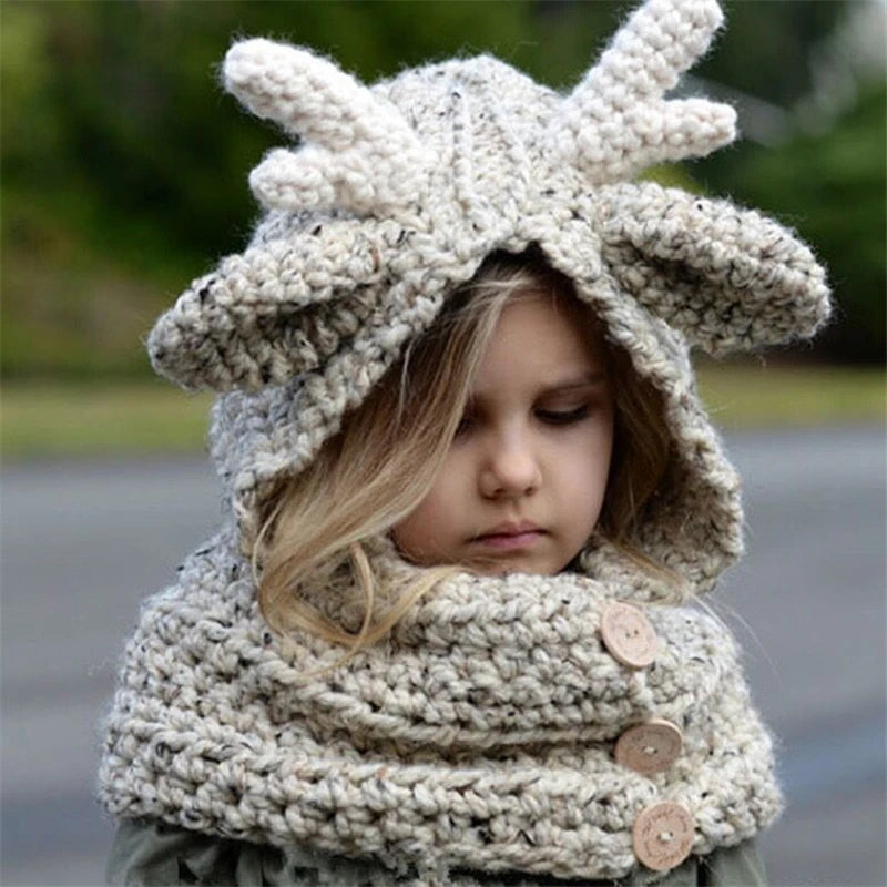 Girls Knitted Reindeer Poncho Shawl Cape Cardigan With Gloves