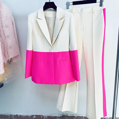 Single Button Color Block Blazer Set