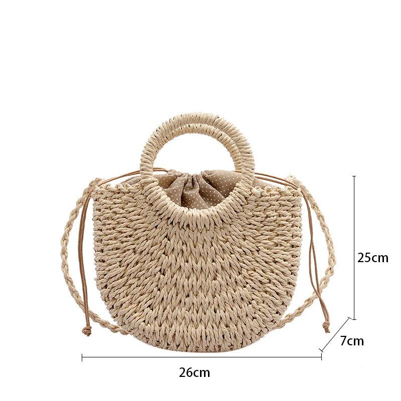 Half-Round Woven Straw Beach Tote Bag