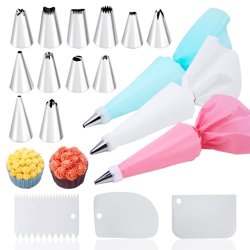 6-24 Pcs Set Pastry Bag and Stainless Steel Cake Nozzle