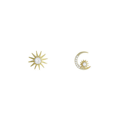 925 Sterling Silver 14K Gold Plating Sun Moon Asymmetrical Stud Earrings