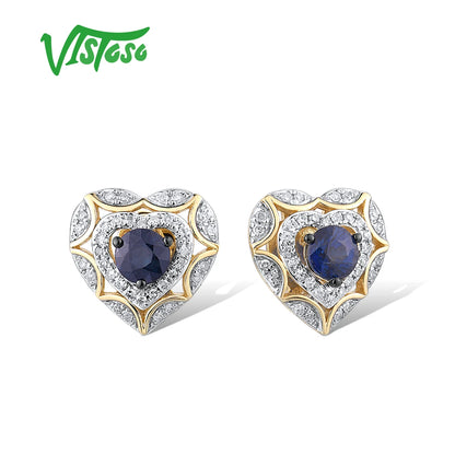 14K Gold Blue Sapphire Diamond Heart Stud Earrings