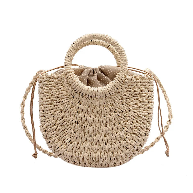Half-Round Woven Straw Beach Tote Bag