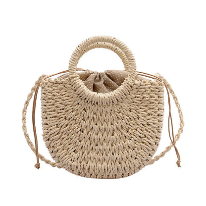 Half-Round Woven Straw Beach Tote Bag