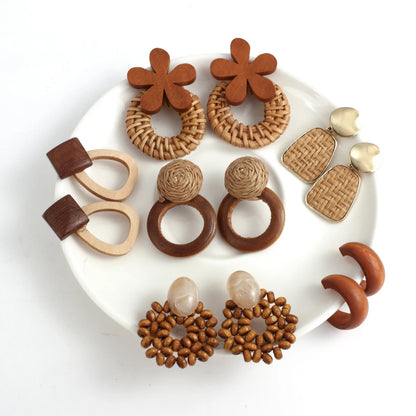 AENSOA Boho Handmade Geometric Wooden Drop Earrings