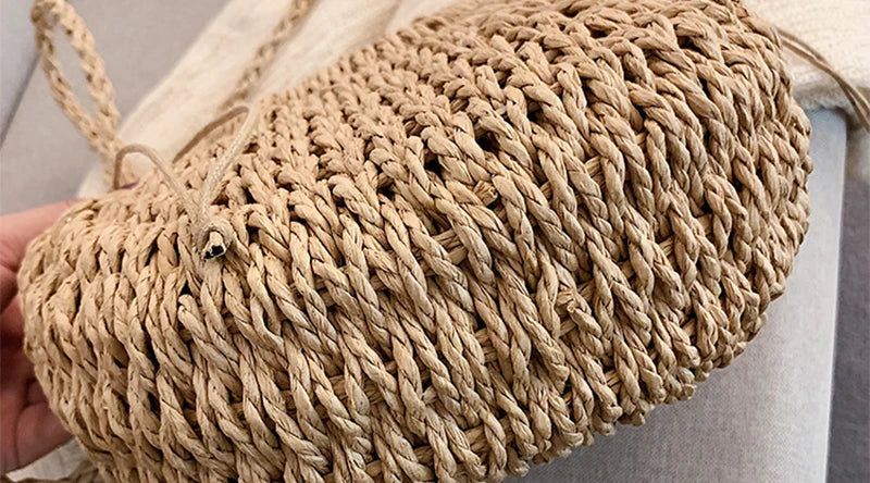 Half-Round Woven Straw Beach Tote Bag