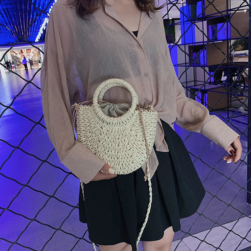 Half-Round Woven Straw Beach Tote Bag