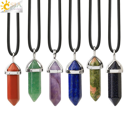 CSJA Real Raw Gem Crystals Necklace Hexagonal