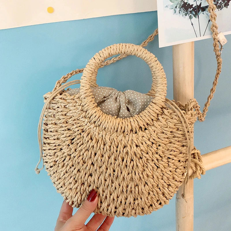 Half-Round Woven Straw Beach Tote Bag
