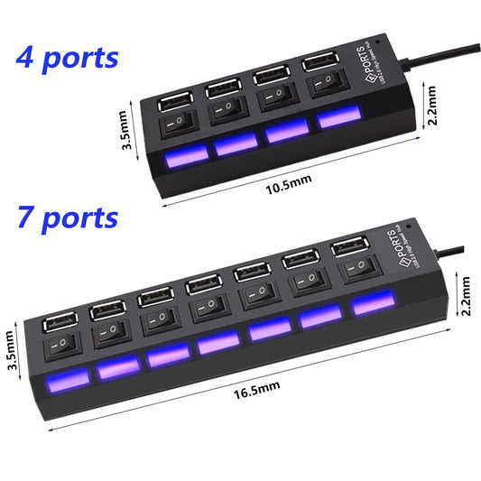 USB 2.0 Hub 4/7 Port Multi USB Splitter with Switch