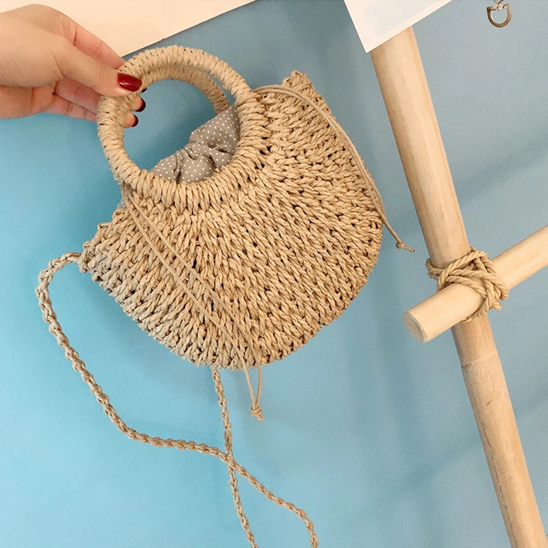 Half-Round Woven Straw Beach Tote Bag