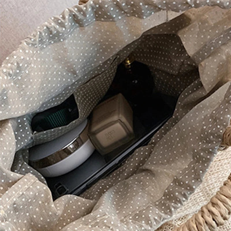 Half-Round Woven Straw Beach Tote Bag