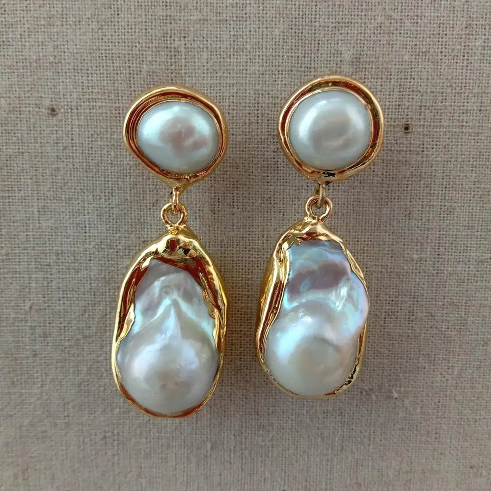 White Baroque Pearl Gold Stud Earrings
