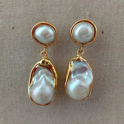 White Baroque Pearl Gold Stud Earrings